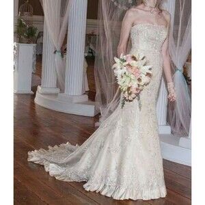 Mori Lee by Madeline Gardner Beaded Strapless Champagne Ivory Wedding Gown Sz 12
